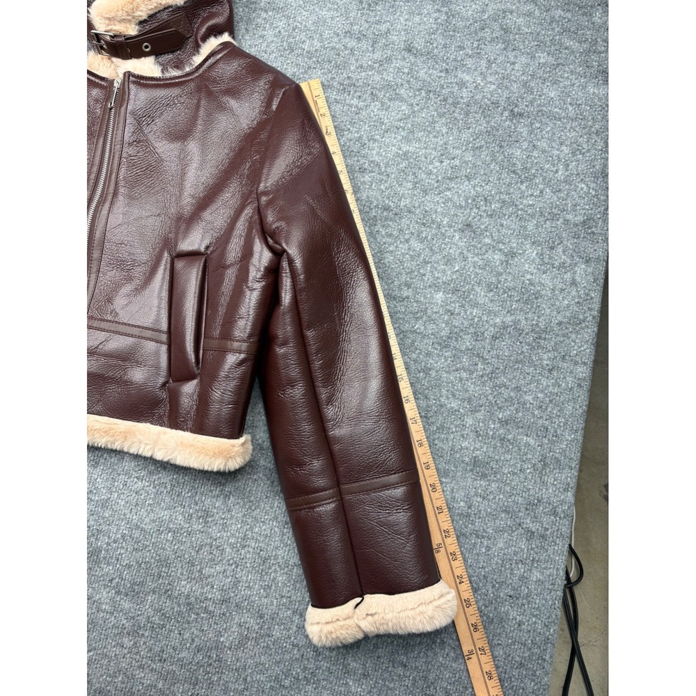 36points Womens Small Burgundy Faux Leather Aviator Bomber Jacket Faux Fur Trim - Picture 5 of 16